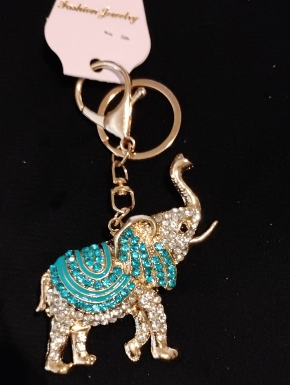 Fashion Jewelry Gold Elephant Bag Charm/Keychain with Turquoise & Clear Crystals